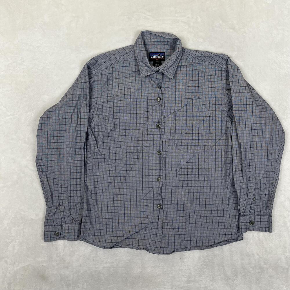 Patagonia Shirt Womens Small Blue Check Button Front Long Sleeve Organic Cotton
